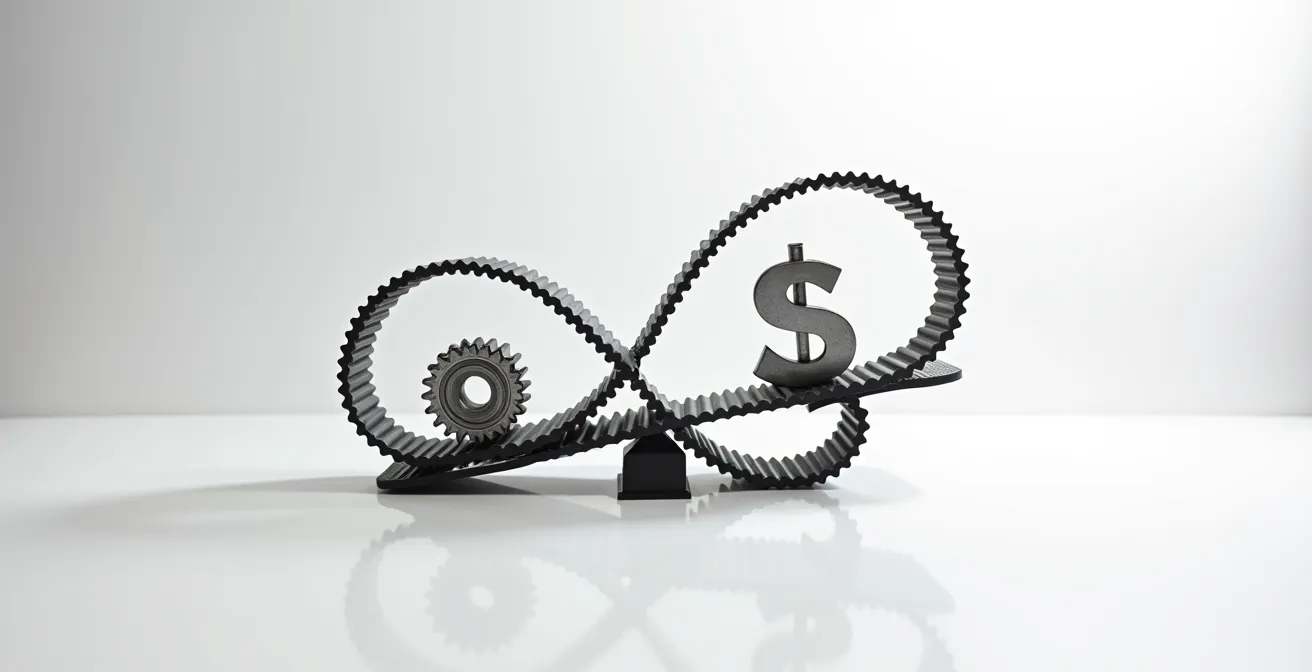 Composition minimaliste de pièces mécaniques et billets illustrant l'arbitrage économique