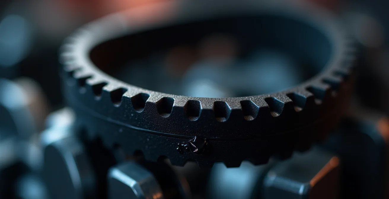 Gros plan macro sur une courroie de distribution montrant les crans et la texture du caoutchouc