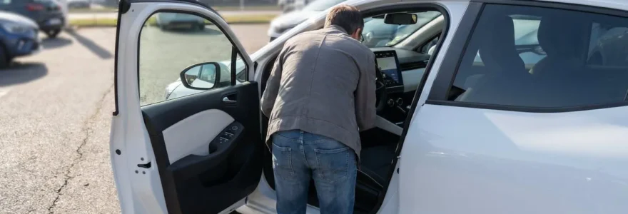 Acheteur vu de dos inspectant le tableau de bord et l'écran tactile d'une Renault Clio 5 d'occasion sur un parking de concession