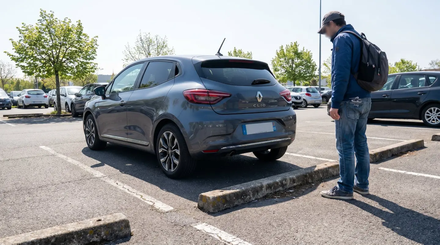 Renault Clio 5 en marche arrière s'approchant d'un muret de parking pendant qu'une personne de profil vérifie le fonctionnement des radars de recul